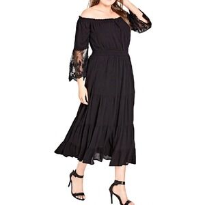 Black Off  Shoulder Maxi Dress Lace Flare Sleeve Smocked Waist Ethereal Goth 2XL